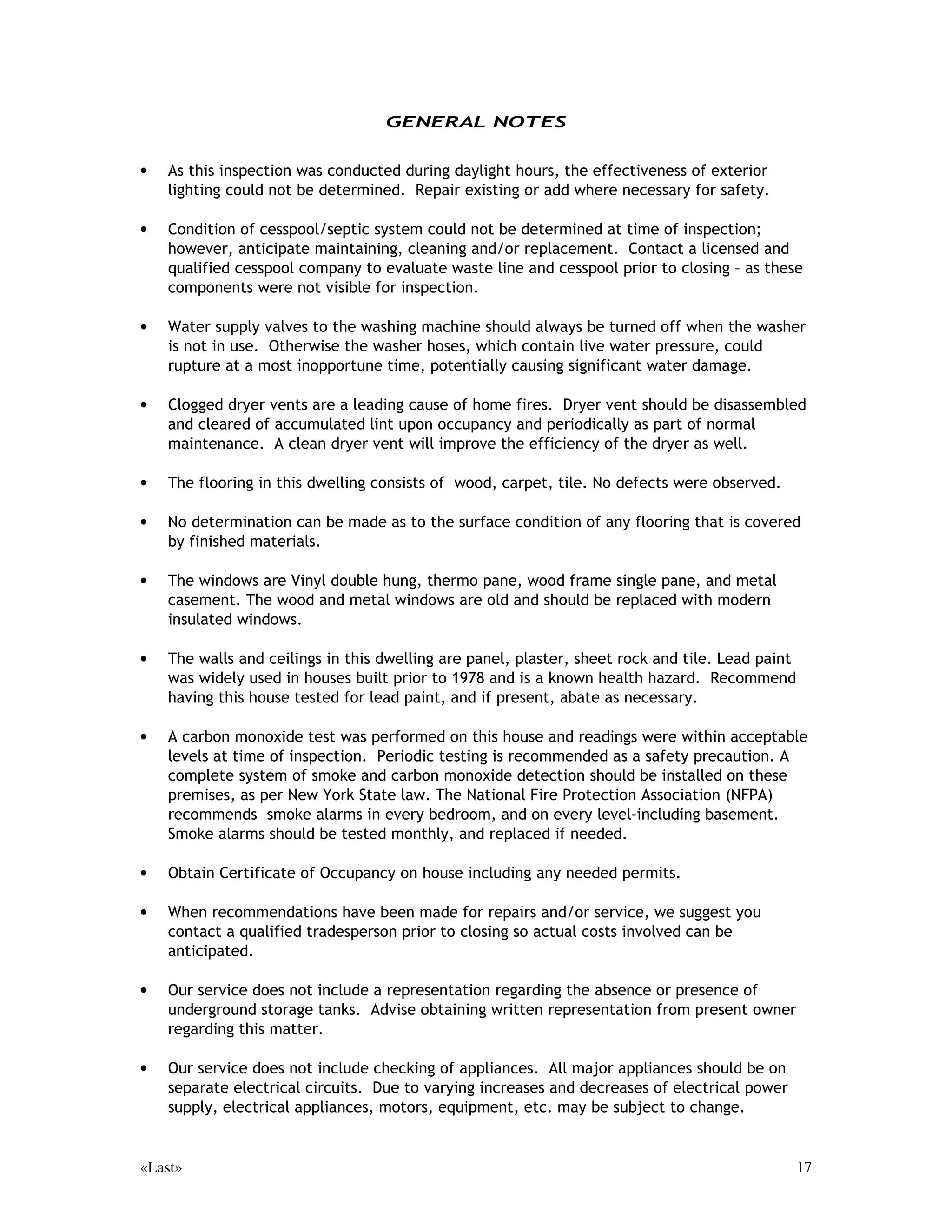 ,I QRQH H[LVWV H[WHUPLQDWH DV SHU FKHPLFDO
 7HUPLWHV            (YLGHQFH     PDQXIDFWXUHU·V UHFRPPHQGDWLRQV DQG LQ DFFRUGDQFH ZLWK JXLGHOLQHV
                                     VHW IRUWK E WKH ´'(µ 'HSDUWPHQW RI (QYLURQPHQWDO RQVHUYDWLRQ
                                     DQG WKH ´(3$µ (QYLURQPHQWDO 3URWHFWLRQ $JHQF 7HVW ERULQJV
                                     VKRXOG EH PDGH RQ DOO VWUXFWXUDO PHPEHUV DQG IUDPLQJ WR FKHFN IRU
                                     ODWHQW GDPDJH ,QVWLWXWH UHSDLUV DV QHFHVVDU $QQXDO WHUPLWH
                                     LQVSHFWLRQV DUH UHFRPPHQGHG DV D SUHYHQWDWLYH PDLQWHQDQFH PHDVXUH
                                     :H FDQQRW UHSUHVHQW WKH DEVHQFH RU SUHVHQFH RI WHUPLWHV DQG RWKHU
                                     ZRRG GHVWURLQJ LQVHFWV RU UHVXOWLQJ GDPDJH ZLWKLQ FORVHG ZDOOV RU
                                     VHDOHG IORRUV

                                     7KHUH ZHUH QR YLVLEOH VLJQV RI RWKHU LQVHFWV DW WLPH RI LQVSHFWLRQ
                                     KRZHYHU SHULRGLFDOO PRQLWRU VWUXFWXUH IRU FDUSHQWHU DQWV WHUPLWHV
$ 2WKHU 3HVWV       1R (YLGHQFH
                                     DQGRU RWKHU SHVWV GXULQJ ZDUPHU PRQWKV RQWDFW D TXDOLILHG SHVW
                                     FRQWURO FRPSDQ LI QHFHVVDU

 'U 5RW               1$        1RW $SSOLFDEOH

                                     7KHUH LV HYLGHQFH RI RQJRLQJ ZDWHU HQWU LQWR WKH EDVHPHQW DUHD
                                     )ROORZ UHFRPPHQGDWLRQV    WR FRQWURO ZDWHU DURXQG
                                     IRXQGDWLRQ 6HDO IRXQGDWLRQ ZDOOV DQG SHQHWUDWLRQV ZLWK D
 :DWHU (QWU         (YLGHQFH
                                     ZDWHUSURRILQJ FRPSRXQG ,I FRQGLWLRQ SHUVLVWV FRQWDFW D TXDOLILHG
                                     ZDWHUSURRILQJ FRPSDQ 7KH HYHQWXDO LQVWDOODWLRQ RI D VXPS SXPS
                                     DQG GUDLQ VVWHP PD EH UHTXLUHG 6HH 3KRWR  DQG 

                                     6HFWLRQV RI WKH IRXQGDWLRQ ZDOOV DUH FUXPEOLQJSHHOLQJ RQWDFW D
 )RXQGDWLRQ          RQFUHWH
                                     ZDWHUSURRILQJIRXQGDWLRQ VSHFLDOLVW IRU UHSDLU 6HH 3KRWR 

                                     $ ZRRG JLUGHU EHQHDWK WKH NLWFKHQ KDV VXVWDLQHG WHUPLWH GDPDJH ,W
 *LUGHUV             6WHHO:RRG   KDV EHHQ SDUWLDOO UHSDLUHG RQWDFW D OLFHQVHG DQG TXDOLILHG JHQHUDO
                                     FRQWUDFWRU WR UHYLHZ SURSHUW UHSDLU DV QHHGHG

                                     $ VWHHO VXSSRUW FROXPQ KDV VSOLW 7KLV LV FRQVLGHUHG D VWUXFWXUDO IDLOXUH
 ROXPQV            6WHHO:RRG
                                     FROXPQ UHTXLUHV UHSODFHPHQW 6HH 3KRWR 

$ 0LVFHOODQHRXV        1$        1RW $SSOLFDEOH




              «Last»                                                                           10
 