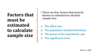 Factors that
must be
estimated
to calculate
sample size
• There are four factors that must be
known or estimated to calculate
sample size:
1. The effect size;
2. The population standard deviation;
3. The power of the experiment; and
4. The significance level.
Dell et al., 2002
 
