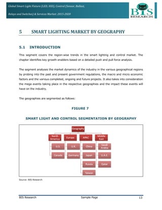 Global Smart Light Fixture (LED, HID), Control (Sensor, Ballast,
Relays and Switches) & Services Market: 2015-2020
5 SMART LIGHTING MARKET BY GEOGRAPHY
5.1 INTRODUCTION
This segment covers the region-wise trends in the smart lighting and control market. The
chapter identifies key growth enablers based on a detailed push and pull force analysis.
The segment analyses the market dynamics of the industry in the various geographical regions
by probing into the past and present government regulations, the macro and micro economic
factors and the various completed, ongoing and future projects. It also takes into consideration
the mega events taking place in the respective geographies and the impact these events will
have on the industry.
The geographies are segmented as follows:
FIGURE 7
SMART LIGHT AND CONTROL SEGMENTATION BY GEOGRAPHY
Source: BIS Research
BIS Research Sample Page 13
 