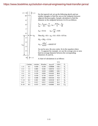 1-11
10
9
8
7
6
5
4
3
2
1
1/21/2
1/2
x56
L56
For the tapered rod, set up the following sketch and use
similar triangles to find the area at the midpoint between
adjacent thermocouples. Sample calculation to find the
diameter at the midpoint between 5 & 6 is as follows:
L56
x56
=
Loverall
0.5
=
9
0.5
; x56 =
0.5L56
9
=
L56
18
L56 = 4.5 in x56 =
4.5
18
= 0.25
Then R56 = 0.5 + x56 = 0.5 + 0.25 = 0.75 in
D56 = 2R56 = 1.5 in
A56 =
πD56
2
4(12)2 = 0.01227 ft2
As can be seen, the area varies. So in the equation where
T1 – T2 appears for example, we use the average area or area
bsed on average diameter between the corresponding
diameters D1 and D2.
A chart of calculations is as follows:
T°F
L inches x inches R inches Area ft2 150.0 T1
1–2 0.5 0.028 0.528 0.00608 130.1 T2
2–3 1.5 0.083 0.583 0.00742 113.7 T3
3–4 2.5 0.139 0.639 0.00891 100.1 T4
4–5 3.5 0.194 0.694 0.01052 88.6 T5
5–6 4.5 0.250 0.750 0.01227 78.7 T6
6–7 5.5 0.306 0.806 0.01416 70.2 T7
7—8 6.5 0.361 0.861 0.01618 62.7 T8
8–9 7.5 0.417 0.917 0.01833 56.1 T9
9–10 8.5 0.472 0.972 0.02062 50.2 T10
https://www.book4me.xyz/solution-manual-engineering-heat-transfer-janna/
 