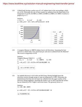 1-18
1.23 A black body having a surface area of 1 m2 radiates heat to the surroundings, which
are at 0 K. Determine the rate of heat transfer by radiation from the black body if its
temperature is (a) 0 K, (b) 200 K, (c) 400 K, (d) 600 K, (e) 800 K, (f) 1 000 K. Construct a
graph of qr vs. T.
Solution:
ε = F1-2 = 1 A = 1 m2 T2 = 0 K
q = σAF1-2ε(T1
4 – T2
4) = 5.67 x 10-8(1)(1)(1)(T1
4 – 0) W
0
10000
20000
30000
40000
50000
60000
0 500 1000
T in K
qinW
T1 K q W
0 0
200 9 0
400 1451
600 7348
800 23224
1000 56700
1.24 A tungsten filament at 5900°R radiates heat in all directions. Assuming the heat
receiver is a black body, how much heat per unit area is radiated from the filament?
The receiver temperature is 0°R.
Solution:
Tungsten filament Table E-1: ε = 0.39
ε = F1-2 = 1 A = 1 m2 T1 = 5900°R T2 = 0°R
q
A
= σF1-2ε(T1
4 – T2
4) = 0.1714 x 10-8(1)(0.39)(59004 – 0)
q
A
= 8.1 x 105 BTU/(ft2·hr)
1.25 An asphalt driveway is 14 ft wide and 30 ft long. During daylight hours the
driveway receives enough energy to raise its temperature to 120°F. Determine the
instantaneous heat loss rate into space by radiation from the upper surface of the
driveway during nighttime, assuming the surface to be at 120°F and that the surface
has an emissivity of 0.9. Neglect convection losses. The geometry factor is 1.
Solution:
T1 = 120 + 460 = 580°R
q = σAF1-2ε(T1
4 – T2
4) = 0.1714 x 10-8(14)(30)(0.9)(5804 – 0)
q = 73,320 BTU/hr
https://www.book4me.xyz/solution-manual-engineering-heat-transfer-janna/
 