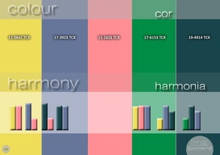 8
12-0642 TCX 17-3923 TCX 15-1626 TCX 17-6153 TCX 19-4914 TCX
colourcolour corcor
harmonyharmony harmoniaharmonia
#8 Summer16Summer16
 