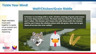 Tickle Your Mind!
Wolf/Chicken/Grain Riddle
Team members
must work
together to agree
on an answer and
explain their
reasoning.
 
