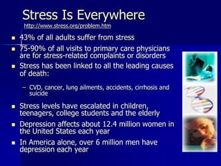 Stress Is Everywhere
http://www.stress.org/problem.htm
 43% of all adults suffer from stress
 75-90% of all visits to primary care physicians
are for stress-related complaints or disorders
 Stress has been linked to all the leading causes
of death:
– CVD, cancer, lung ailments, accidents, cirrhosis and
suicide
 Stress levels have escalated in children,
teenagers, college students and the elderly
 Depression affects about 12.4 million women in
the United States each year
 In America alone, over 6 million men have
depression each year
 