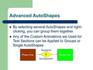 Advanced AutoShapes
Phase One Phase Two
Research
&
Development
 By selecting several AutoShapes and right-
clicking, you can group them together.
 Any of the Custom Animations we Used for
Text Sections can be Applied to Groups or
Single AutoShapes
 