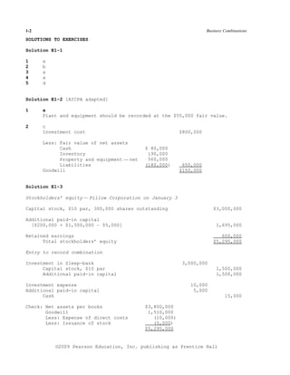 1-2                                                                 Business Combinations

SOLUTIONS TO EXERCISES

Solution E1-1

1     a
2     b
3     a
4     a
5     d


Solution E1-2 [AICPA adapted]

1     a
      Plant and equipment should be recorded at the $55,000 fair value.

2     c
      Investment cost                                    $800,000

      Less: Fair value of net assets
            Cash                           $ 80,000
            Inventory                       190,000
            Property and equipment — net    560,000
            Liabilities                    (180,000)      650,000
      Goodwill                                           $150,000


Solution E1-3

Stockholders’ equity — Pillow Corporation on January 3

Capital stock, $10 par, 300,000 shares outstanding                     $3,000,000

Additional paid-in capital
  [$200,000 + $1,500,000 – $5,000]                                       1,695,000

Retained earnings                                                         600,000
      Total stockholders’ equity                                       $5,295,000

Entry to record combination

Investment in Sleep-bank                                  3,000,000
      Capital stock, $10 par                                             1,500,000
      Additional paid-in capital                                         1,500,000

Investment expense                                           10,000
Additional paid-in capital                                    5,000
      Cash                                                                   15,000

Check: Net assets per books                $3,800,000
       Goodwill                             1,510,000
       Less: Expense of direct costs          (10,000)
       Less: Issuance of stock                (5,000)
                                           $5,295,000


          ©2009 Pearson Education, Inc. publishing as Prentice Hall
 