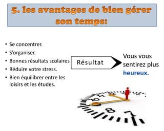 • Se concentrer.
• S’organiser.
• Bonnes résultats scolaires.
• Réduire votre stress.
• Bien équilibrer entre les
loisirs et les études.
Vous vous
sentirez plusRésultat
 