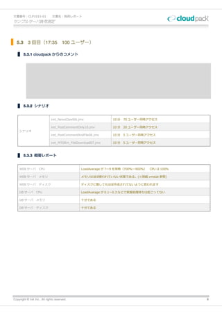 文書番号：CLP1015-01                文書名：負荷レポート
サンプルサーバ負荷測定




  5.3      3 回目（17:35                  100 ユーザー）

        5.3.1 cloudpack からのコメント




        5.3.2 シナリオ


                              iret_NewsClawl06.jmx             10 分 70 ユーザー同時アクセス

                              iret_PostCommentOnly10.jmx       10 分 20 ユーザー同時アクセス
    シナリオ
                              iret_PostCommentAndFile08.jmx    10 分 5 ユーザー同時アクセス

                              iret_MTGRm_FileDownload07.jmx    10 分 5 ユーザー同時アクセス



        5.3.3 概要レポート


    WEB サーバ         CPU                         LoadAvarage が 7～9 を常時（700％～900％）   CPU は 100％

    WEB サーバ         メモリ                         メモリはほぼ使われていない状態である。(※別紙 vmstat 参照)

    WEB サーバ         ディスク                        ディスクに関してもほぼ作成されてないように思われます

    DB サーバ        CPU                           LoadAvarage が 0.1～0.3 などで実質処理待ちは起こってない

    DB サーバ        メモリ                           十分である

    DB サーバ        ディスク                          十分である




Copyright © iret Inc., All rights reserved.                                                     9
 