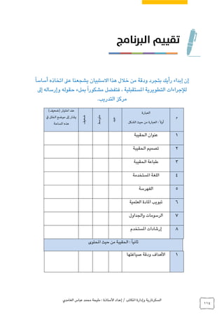 ‫الغامدي‬ ‫عباس‬ ‫محمد‬ ‫مليحة‬ : ‫األستاذة‬ ‫إعداد‬ / ‫املكاتب‬ ‫وإدارة‬ ‫السكرتارية‬
114
ً‫ا‬‫أساس‬ ‫اتخاذه‬ ‫عىل‬ ‫يشجعنا‬ ‫االستبيان‬ ‫هذا‬ ‫خالل‬ ‫من‬ ‫ودقة‬ ‫بتجرد‬ ‫رأيك‬ ‫إبداء‬ ‫إن‬
‫إىل‬ ‫وإرساله‬ ‫حقوله‬ ‫بملء‬ً‫ا‬‫مشكور‬ ‫فتفضل‬ ، ‫املستقبلية‬ ‫التطويرية‬ ‫لإلجراءات‬
‫مركز‬‫ال‬.‫تدريب‬
‫م‬
‫العبارة‬
‫الشكل‬ ‫حيث‬ ‫من‬ ‫العبارة‬ : ً‫ال‬‫أو‬
‫جيد‬
‫متوسط‬
‫ضعيف‬
)‫(ضعيف‬ ‫اختيار‬ ‫عند‬
‫يف‬ ‫الخلل‬ ‫موضع‬ ‫إىل‬ ‫يشار‬
‫هذه‬‫املساحة‬
1‫الحقيبة‬ ‫عنوان‬
2‫الحقيبة‬ ‫تصميم‬
3‫الحقيبة‬ ‫طباعة‬
4‫املستخدمة‬ ‫اللغة‬
5‫الفهرسة‬
6‫العلمية‬ ‫املادة‬ ‫تبويب‬
7‫والجداول‬ ‫الرسومات‬
8‫املستخدم‬ ‫إرشادات‬
‫املحتوى‬ ‫حيث‬ ‫من‬ ‫الحقيبة‬ :ً‫ا‬‫ثاني‬
1‫صياغتها‬ ‫ودقة‬ ‫األهداف‬
 