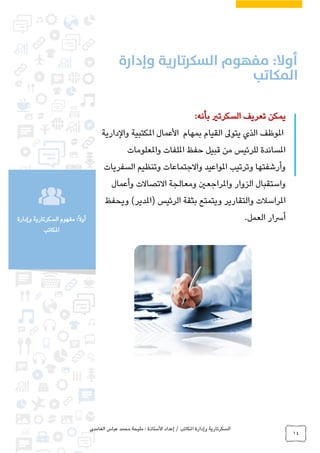 ‫الغامدي‬ ‫عباس‬ ‫محمد‬ ‫مليحة‬ : ‫األستاذة‬ ‫إعداد‬ / ‫املكاتب‬ ‫وإدارة‬ ‫السكرتارية‬
14
‫وإدارة‬ ‫السكرتارية‬ ‫مفهوم‬ :ً‫ال‬‫أو‬
‫املكاتب‬
‫يمكن‬‫تعريف‬‫السكرتري‬‫بأنه‬:
‫امل‬‫بمهام‬ ‫القيام‬ ‫يتوىل‬ ‫الذي‬ ‫وظف‬‫األ‬‫املكتبية‬ ‫عمال‬‫والدارية‬
‫واملعلومات‬ ‫امللفات‬ ‫حفظ‬ ‫قبيل‬ ‫من‬ ‫للرئيس‬ ‫املساندة‬
‫وأرشفتها‬‫السفريات‬ ‫وتنظيم‬ ‫واالجتماعات‬ ‫املواعيد‬ ‫وترتيب‬
‫االتصاالت‬ ‫ومعالجة‬ ‫واملراجعني‬ ‫الزوار‬ ‫واستقبال‬‫وأعمال‬
‫بثقة‬ ‫ويتمتع‬ ‫والتقارير‬ ‫املراسالت‬‫ويحفظ‬ )‫(املدير‬ ‫الرئيس‬
‫أ‬‫العمل‬ ‫رسار‬.
 