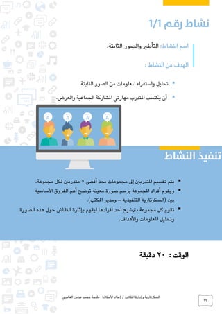 ‫الغامدي‬ ‫عباس‬ ‫محمد‬ ‫مليحة‬ : ‫األستاذة‬ ‫إعداد‬ / ‫املكاتب‬ ‫وإدارة‬ ‫السكرتارية‬
17
:‫النشاط‬ ‫اسم‬.‫الثابتة‬ ‫والصور‬ ‫التأطري‬
: ‫النشاط‬ ‫من‬ ‫الهدف‬
.‫الثابتة‬ ‫الصور‬ ‫من‬ ‫املعلومات‬ ‫واستقراء‬ ‫تحليل‬
.‫والعرض‬ ‫الجماعية‬ ‫املشاركة‬ ‫مهارتي‬ ‫املتدرب‬ ‫يكتسب‬ ‫أن‬
: ‫الوقت‬20‫دقيقة‬
‫أقىص‬ ‫بحد‬ ‫مجموعات‬ ‫إىل‬ ‫املتدربني‬ ‫تقسيم‬ ‫يتم‬5‫مجموعة‬ ‫لكل‬ ‫متدربني‬.
‫أفراد‬ ‫ويقوم‬‫أهم‬ ‫توضح‬ ‫معينة‬ ‫صورة‬ ‫برسم‬ ‫املجموعة‬‫األساسية‬ ‫الفروق‬
‫التنفيذية‬ ‫(السكرتارية‬ ‫بني‬–.)‫املكتب‬ ‫ومدير‬
‫أفرادها‬ ‫أحد‬ ‫برتشيح‬ ‫مجموعة‬ ‫كل‬ ‫تقوم‬‫الصورة‬ ‫هذه‬ ‫حول‬ ‫النقاش‬ ‫بإثارة‬ ‫ليقوم‬
.‫واألهداف‬ ‫املعلومات‬ ‫وتحليل‬
0
 