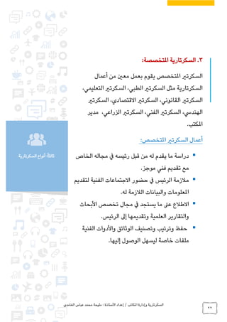 ‫الغامدي‬ ‫عباس‬ ‫محمد‬ ‫مليحة‬ : ‫األستاذة‬ ‫إعداد‬ / ‫املكاتب‬ ‫وإدارة‬ ‫السكرتارية‬
22
‫السكرتارية‬ ‫أنواع‬ :ً‫ا‬‫ثالث‬
3.‫املتخصصة‬ ‫السكرتارية‬:
‫أعمال‬ ‫من‬ ‫معني‬ ‫بعمل‬ ‫يقوم‬ ‫املتخصص‬ ‫السكرتري‬
،‫التعليمي‬ ‫السكرتري‬ ،‫الطبي‬ ‫السكرتري‬ ‫مثل‬ ‫السكرتارية‬
‫السكرتري‬ ،‫االقتصادي‬ ‫السكرتري‬ ،‫القانوني‬ ‫السكرتري‬
،‫الزراعي‬ ‫السكرتري‬ ،‫الفني‬ ‫السكرتري‬ ،‫الهنديس‬‫مدير‬
.‫املكتب‬
:‫املتخصص‬ ‫السكرتري‬ ‫أعمال‬
‫الخاص‬ ‫مجاله‬ ‫يف‬ ‫رئيسه‬ ‫قبل‬ ‫من‬ ‫له‬ ‫يقدم‬ ‫ما‬ ‫دراسة‬
‫موجز‬ ‫فني‬ ‫تقديم‬ ‫مع‬.
‫لتقديم‬ ‫الفنية‬ ‫االجتماعات‬ ‫حضور‬ ‫يف‬ ‫الرئيس‬ ‫مالزمة‬
‫له‬ ‫الالزمة‬ ‫والبيانات‬ ‫املعلومات‬.
‫األبحا‬ ‫تخصص‬ ‫مجال‬ ‫يف‬ ‫يستجد‬ ‫ما‬ ‫عىل‬ ‫االطالع‬‫ث‬
‫إىل‬ ‫وتقديمها‬ ‫العلمية‬ ‫والتقارير‬‫الرئيس‬.
‫الفنية‬ ‫واألدوات‬ ‫الوثائق‬ ‫وتصنيف‬ ‫وترتيب‬ ‫حفظ‬
‫إليها‬ ‫الوصول‬ ‫ليسهل‬ ‫خاصة‬ ‫ملفات‬.
 