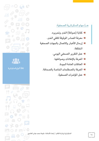 ‫الغامدي‬ ‫عباس‬ ‫محمد‬ ‫مليحة‬ : ‫األستاذة‬ ‫إعداد‬ / ‫املكاتب‬ ‫وإدارة‬ ‫السكرتارية‬
25
‫السكرتارية‬ ‫أنواع‬ :ً‫ا‬‫ثالث‬
‫مهام‬ )‫هـ‬:‫الصحفية‬ ‫السكرتارية‬
.‫وتحريره‬ ‫الخرب‬ )‫(صياغة‬ ‫كتابة‬
.‫الخرب‬ ‫لتلقي‬ ‫املوثوقة‬ ‫املصادر‬ ‫معرفة‬
‫بالجهات‬ ‫واالتصال‬ ‫األخبار‬ ‫إرسال‬‫الصحفية‬
.‫املختلفة‬
.‫اليومي‬ ‫الصحفي‬ ‫التقرير‬ ‫عمل‬
.‫وصياغتها‬ ‫بالعالنات‬ ‫املعرفة‬
.‫الجيدة‬ ‫العامة‬ ‫العالقات‬
.‫بالصحافة‬ ‫الخاصة‬ ‫باملصطلحات‬ ‫املعرفة‬
.‫الصحفية‬ ‫املؤتمرات‬ ‫عمل‬
 