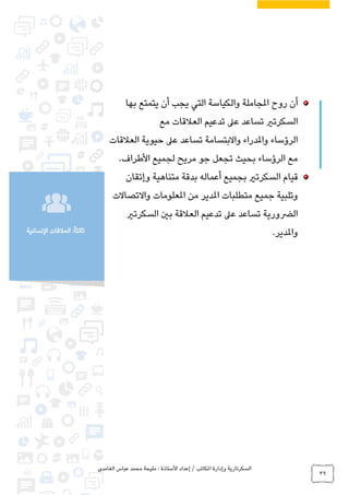 ‫الغامدي‬ ‫عباس‬ ‫محمد‬ ‫مليحة‬ : ‫األستاذة‬ ‫إعداد‬ / ‫املكاتب‬ ‫وإدارة‬ ‫السكرتارية‬
39
‫النسانية‬ ‫العالقات‬ :ً‫ا‬‫ثالث‬
‫بها‬ ‫يتمتع‬ ‫أن‬ ‫يجب‬ ‫التي‬ ‫والكياسة‬ ‫املجاملة‬ ‫روح‬ ‫أن‬
‫تساعد‬ ‫السكرتري‬‫مع‬ ‫العالقات‬ ‫تدعيم‬ ‫عىل‬
‫الرؤساء‬‫العالقات‬ ‫حيوية‬ ‫عىل‬ ‫تساعد‬ ‫واالبتسامة‬ ‫واملدراء‬
‫األطراف‬ ‫لجميع‬ ‫مريح‬ ‫جو‬ ‫تجعل‬ ‫بحيث‬ ‫الرؤساء‬ ‫مع‬.
‫قيام‬‫وإتقان‬ ‫متناهية‬ ‫بدقة‬ ‫أعماله‬ ‫بجميع‬ ‫السكرتري‬
‫واالتصاالت‬ ‫املعلومات‬ ‫من‬ ‫املدير‬ ‫متطلبات‬ ‫جميع‬ ‫وتلبية‬
‫السكرتري‬ ‫بني‬ ‫العالقة‬ ‫تدعيم‬ ‫عىل‬ ‫تساعد‬ ‫الرضورية‬
‫واملدير‬.
 