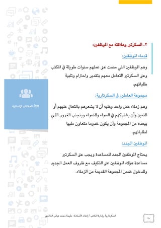 ‫الغامدي‬ ‫عباس‬ ‫محمد‬ ‫مليحة‬ : ‫األستاذة‬ ‫إعداد‬ / ‫املكاتب‬ ‫وإدارة‬ ‫السكرتارية‬
40
‫النسانية‬ ‫العالقات‬ :ً‫ا‬‫ثالث‬
2.:‫املوظفني‬ ‫مع‬ ‫وعالقته‬ ‫السكرتري‬
:‫املوظفني‬ ‫قدماء‬
‫املكتب‬ ‫يف‬ ‫طويلة‬ ‫سنوات‬ ‫عملهم‬ ‫عىل‬ ‫مضت‬ ‫التي‬ ‫املوظفني‬ ‫وهم‬
‫السكرتري‬ ‫وعىل‬‫وتلبية‬ ‫واحرتام‬ ‫بتقدير‬ ‫معهم‬ ‫التعامل‬
‫طلباتهم‬.
:‫السكرتارية‬ ‫يف‬ ‫العاملني‬ ‫مجموعة‬
‫يش‬ ‫ال‬ ‫أن‬ ‫وعليه‬ ‫واحد‬ ‫عمل‬ ‫زمالء‬ ‫وهم‬‫أو‬ ‫عليهم‬ ِ‫بالتعال‬ ‫عرهم‬
‫التميز‬‫و‬‫أ‬‫الذي‬ ‫الغرور‬ ‫ويتجنب‬ ‫والرضاء‬ ‫الرساء‬ ‫يف‬ ‫يشاركهم‬ ‫ن‬
‫ملبيا‬ ‫متعاون‬ ‫خدوما‬ ‫يكون‬ ‫وأن‬ ‫املجموعة‬ ‫عن‬ ‫يبعده‬
‫لطلباتهم‬.
:‫الجدد‬ ‫املوظفني‬
‫عىل‬ ‫ويجب‬ ‫للمساعدة‬ ‫الجدد‬ ‫املوظفني‬ ‫يحتاج‬‫السكرتري‬
‫املوظفني‬ ‫هؤالء‬ ‫مساعدة‬‫الجديد‬ ‫العمل‬ ‫ظروف‬ ‫مع‬ ‫التكيف‬ ‫عىل‬
‫من‬ ‫القديمة‬ ‫املجموعة‬ ‫ضمن‬ ‫وللدخول‬‫الزمالء‬.
 