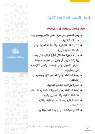 ‫الغامدي‬ ‫عباس‬ ‫محمد‬ ‫مليحة‬ : ‫األستاذة‬ ‫إعداد‬ / ‫املكاتب‬ ‫وإدارة‬ ‫السكرتارية‬
43
‫السكرتارية‬ ‫املهارات‬ :ً‫ا‬‫رابع‬
‫امل‬‫هارات‬‫يف‬ ‫توافرها‬ ‫املطلوب‬:‫السكرتارية‬
‫بأداء‬ ‫يسمح‬ ‫مناسب‬ ‫علمي‬ ‫مؤهل‬ ‫عىل‬ ‫الحصول‬ ‫يجب‬
‫السكرتارية‬ ‫مهام‬.
‫إ‬،‫العربية‬ ‫اللغة‬ ‫بجانب‬ ‫األجنبية‬ ‫اللغات‬ ‫تقان‬‫وعىل‬
‫النجليزية‬ ‫اللغة‬ ‫رأسها‬.
‫يعمل‬ ‫التي‬ ‫البلد‬ ‫يف‬ ‫تطبق‬ ‫التي‬ ‫العمل‬ ‫لوائح‬ ‫معرفة‬
‫و‬ ‫بها‬‫كذلك‬‫يجب‬‫بكافة‬ ‫تامة‬ ‫معرفة‬ ‫عىل‬ ‫يكون‬ ‫أن‬
‫املعمول‬ ‫القوانني‬‫املؤسسة‬ً‫ا‬‫وتحديد‬ ‫املؤسسات‬ ‫يف‬ ‫بها‬
‫بها‬ ‫يعمل‬ ‫التي‬.
‫إ‬،‫اآليل‬ ‫الحاسب‬ ‫أجهزة‬ ‫استخدام‬ ‫جادة‬‫وبرامجه‬
‫املختلفة‬.
‫ال‬ ‫التقارير‬ ‫كتابة‬ ‫عىل‬ ‫القدرة‬‫دارية‬.
‫إ‬‫عملها‬ ‫بمجال‬ ‫الخاصة‬ ‫األجهزة‬ ‫بعض‬ ‫استخدام‬ ‫جادة‬
،‫الكاتبة‬ ‫اآللة‬ ‫مثل‬‫وغريها‬ ‫التصوير‬ ‫وآلة‬.
،‫الزوار‬ ‫استقبال‬‫و‬‫املكا‬‫ملات‬،‫الهاتفية‬‫وكتابة‬
‫املراسالت‬.
‫تنظيم‬‫االجتماعات‬‫و‬‫باملدير‬ ‫الخاصة‬ ‫املواعيد‬.
 