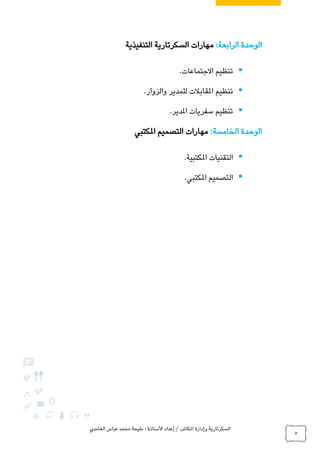 ‫الغامدي‬ ‫عباس‬ ‫محمد‬ ‫مليحة‬ : ‫األستاذة‬ ‫إعداد‬ / ‫املكاتب‬ ‫وإدارة‬ ‫السكرتارية‬
5
‫الوحدة‬‫الرابعة‬:‫السكرتارية‬ ‫مهارات‬‫التنفيذية‬
.‫االجتماعات‬ ‫تنظيم‬
.‫والزوار‬ ‫للمدير‬ ‫املقابالت‬ ‫تنظيم‬
.‫املدير‬ ‫سفريات‬ ‫تنظيم‬
‫الوحدة‬‫الخامسة‬:‫املكتبي‬ ‫التصميم‬ ‫مهارات‬
.‫املكتبية‬ ‫التقنيات‬
.‫املكتبي‬ ‫التصميم‬
 