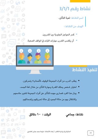 ‫الغامدي‬ ‫عباس‬ ‫محمد‬ ‫مليحة‬ : ‫األستاذة‬ ‫إعداد‬ / ‫املكاتب‬ ‫وإدارة‬ ‫السكرتارية‬
59
:‫النشاط‬ ‫اسم‬.‫التأثري‬ ‫لعبة‬
: ‫النشاط‬ ‫من‬ ‫الهدف‬
‫الحواجز‬ ‫كرس‬‫الجليدية‬.‫املتدربني‬ ‫بني‬
‫امل‬ ‫يكتسب‬ ‫أن‬‫الصعبة‬ ‫املواقف‬ ‫يف‬ ‫الثبات‬ ‫مهارات‬ ‫تدرب‬.
‫جماعي‬ :‫نشاط‬: ‫الوقت‬10‫دقائق‬
‫يطلب‬.‫يتحركون‬ ‫ال‬ ‫كأصنام‬ ‫الوقوف‬ ‫املجموعة‬ ‫أفراد‬ ‫من‬ ‫املدرب‬
.‫الجسد‬ ‫لغة‬ ‫خالل‬ ‫من‬ ‫التأثري‬ ‫ومهارة‬ ‫القدرة‬ ‫يمتلك‬ ‫شخص‬ ‫اختيار‬
‫مالمحهم‬ ‫لتغيري‬ ‫املجموعة‬ ‫أفراد‬ ‫عىل‬ ‫للتأثري‬ ‫جهده‬ ‫قصارى‬ ‫الفرد‬ ‫هذا‬ ‫يبذل‬
.‫وإضحاكهم‬ ‫تحريكهم‬ ‫حالة‬ ‫إىل‬ ‫الجمود‬ ‫حالة‬ ‫من‬ ‫بهم‬ ‫واالنتقال‬
0
 