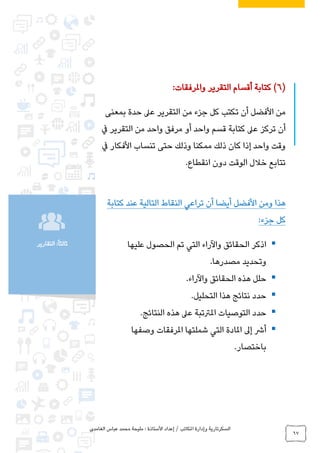 ‫الغامدي‬ ‫عباس‬ ‫محمد‬ ‫مليحة‬ : ‫األستاذة‬ ‫إعداد‬ / ‫املكاتب‬ ‫وإدارة‬ ‫السكرتارية‬
67
‫التقارير‬ :ً‫ا‬‫ثالث‬
(6)‫واملرفقات‬ ‫التقرير‬ ‫أقسام‬ ‫كتابة‬:
‫بمعنى‬ ‫حدة‬ ‫عىل‬ ‫التقرير‬ ‫من‬ ‫جزء‬ ‫كل‬ ‫تكتب‬ ‫أن‬ ‫األفضل‬ ‫من‬
‫يف‬ ‫التقرير‬ ‫من‬ ‫واحد‬ ‫مرفق‬ ‫أو‬ ‫واحد‬ ‫قسم‬ ‫كتابة‬ ‫عىل‬ ‫تركز‬ ‫أن‬
‫تنساب‬ ‫حتى‬ ‫وذلك‬ ‫ممكنا‬ ‫ذلك‬ ‫كان‬ ‫إذا‬ ‫واحد‬ ‫وقت‬‫يف‬ ‫األفكار‬
‫انقطاع‬ ‫دون‬ ‫الوقت‬ ‫خالل‬ ‫تتابع‬.
‫كتابة‬ ‫عند‬ ‫التالية‬ ‫النقاط‬ ‫تراعي‬ ‫أن‬ ‫أيضا‬ ‫األفضل‬ ‫ومن‬ ‫هذا‬
‫جزء‬ ‫كل‬:
‫عليها‬ ‫الحصول‬ ‫تم‬ ‫التي‬ ‫واآلراء‬ ‫الحقائق‬ ‫اذكر‬
‫مصدرها‬ ‫وتحديد‬.
‫واآلراء‬ ‫الحقائق‬ ‫هذه‬ ‫حلل‬.
‫التحليل‬ ‫هذا‬ ‫نتائج‬ ‫حدد‬.
‫النتائج‬ ‫هذه‬ ‫عىل‬ ‫املرتتبة‬ ‫التوصيات‬ ‫حدد‬.
‫إىل‬ ‫أرش‬‫وصفها‬ ‫املرفقات‬ ‫شملتها‬ ‫التي‬ ‫املادة‬
‫باختصار‬.
 