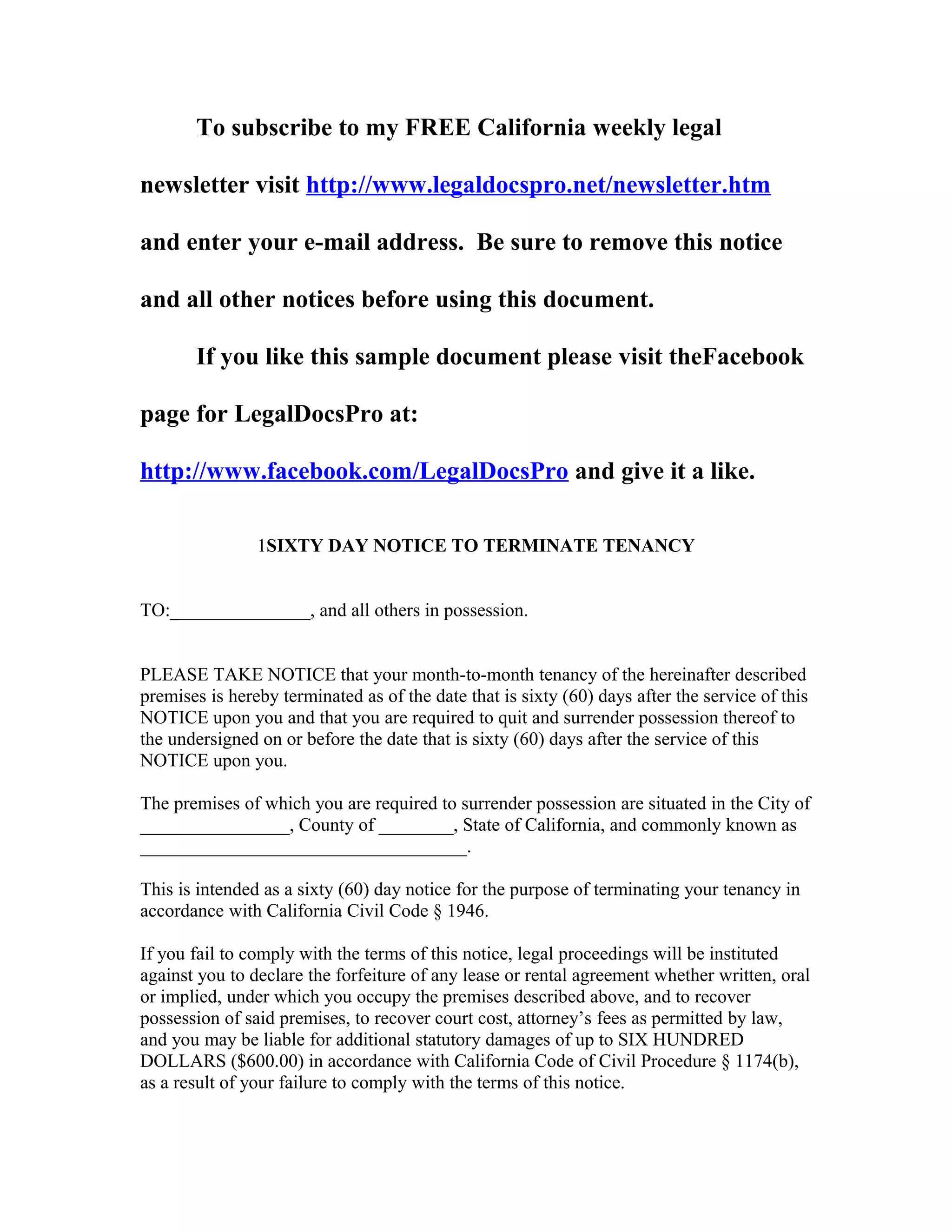 Sample 60 day notice to vacate for California | DOC, image size:2048x2650