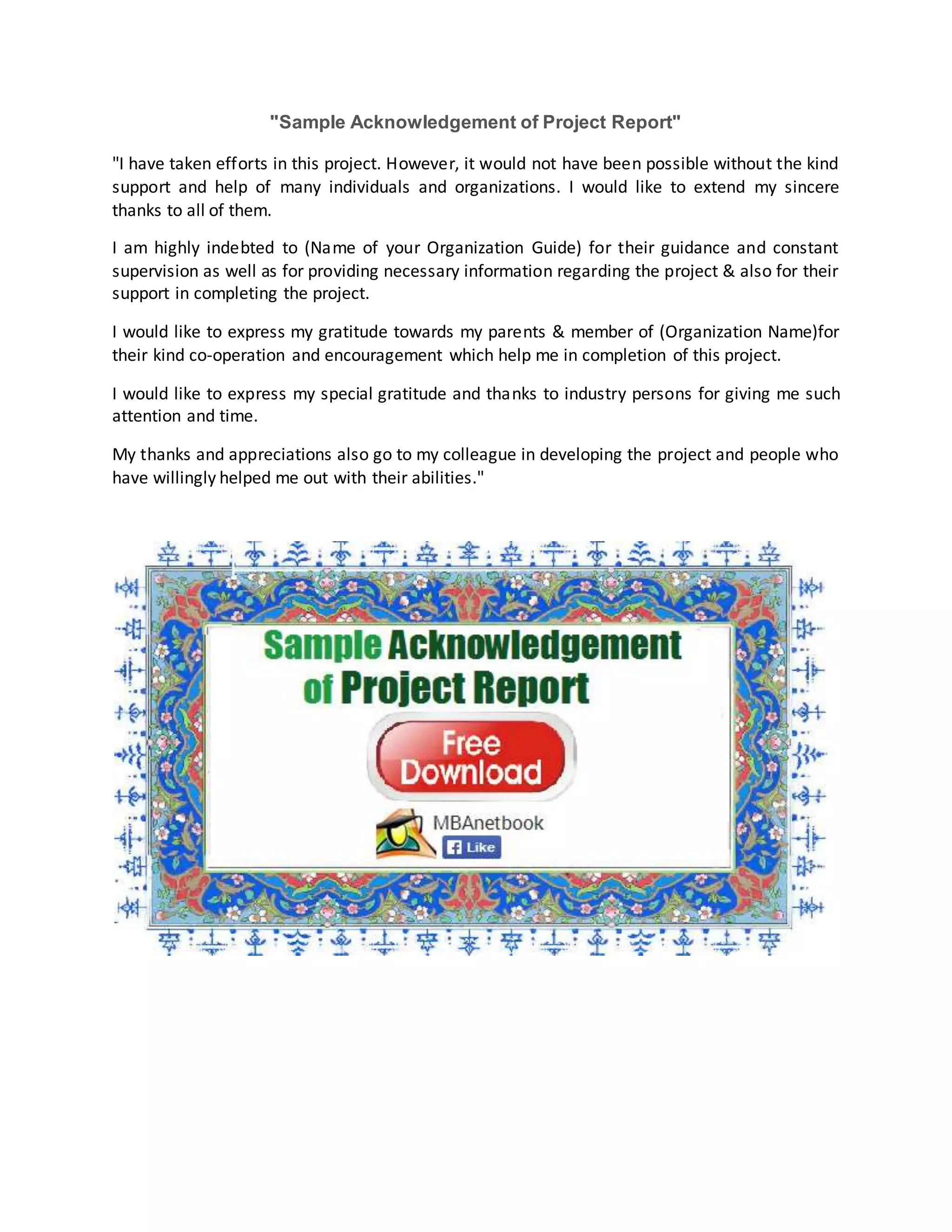 Sample Acknowledgement of Project Report | DOCX