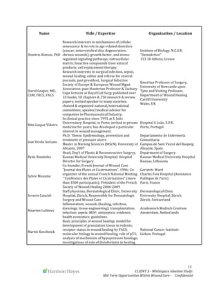  
	
   	
   	
   	
  	
  	
  	
  	
  	
  	
  	
  	
  	
  	
  	
   	
   	
   	
   	
   	
   	
   	
   	
   	
  	
  	
  	
  	
  	
  15	
  
	
   	
   CLIENT	
  X	
  -­‐	
  Whitespace	
  Ideation	
  Study:	
  	
  	
  	
  	
  	
  	
  
Mid	
  Term	
  Opportunities	
  Within	
  Wound	
  Care	
  -­‐	
  	
  	
  	
  Confidential	
  	
  	
  	
  	
  	
  
Name	
   Title	
  /	
  Expertise	
   Organization	
  /	
  Location	
  
Dimitris	
  Kletsas,	
  PhD	
  
Research	
  interests	
  in	
  mechanisms	
  of	
  cellular	
  
senescence	
  &	
  its	
  role	
  in	
  age-­‐related	
  disorders	
  
(cancer,	
  intervertebral	
  disc	
  degeneration,	
  
chronic	
  wounds);	
  growth	
  factor-­‐	
  and	
  stress-­‐
regulated	
  signaling	
  pathways;	
  extracellular	
  
matrix;	
  bioactive	
  compounds	
  from	
  natural	
  
products;	
  cell	
  replacement	
  therapy.	
  
Institute	
  of	
  Biology,	
  N.C.S.R.	
  
"Demokritos"	
  	
  	
  	
  	
  	
  	
  	
  	
  	
  	
  	
  	
  	
  	
  	
  	
  	
  	
  	
  	
  	
  	
  	
  	
  	
  	
  	
  	
  	
  	
  	
  	
  	
  	
  	
  	
  	
  	
  	
  	
  	
  	
  	
  	
  	
  	
  
153	
  10	
  Athens,	
  Greece	
  
David	
  Leaper,	
  MD,	
  
ChM,	
  FRCS,	
  FACS	
  
Research	
  interests	
  in	
  surgical	
  infection,	
  sepsis,	
  
wound	
  healing;	
  editor	
  and	
  referee	
  for	
  several	
  
journals;	
  past	
  president,	
  Surgical	
  Infection	
  
Society	
  of	
  Europe	
  &	
  European	
  Wound	
  Mgmt	
  
Association;	
  past	
  Hunterian	
  Professor	
  &	
  Zachary	
  
Cope	
  lecturer	
  at	
  Royal	
  Coll	
  Surg;	
  published	
  over	
  
10	
  books,	
  50	
  chapters	
  &	
  250	
  research	
  &	
  review	
  
papers;	
  invited	
  speaker	
  to	
  many	
  societies;	
  
chaired	
  &	
  organized	
  national/international	
  
committees;	
  speaker/medical	
  advisor	
  for	
  
companies	
  in	
  Pharmaceutical	
  Industry.	
  
Emeritus	
  Professor	
  of	
  Surgery,	
  
University	
  of	
  Newcastle	
  upon	
  
Tyne	
  and	
  Visiting	
  Professor,	
  
Department	
  of	
  Wound	
  Healing	
  	
  
Cardiff	
  University	
  
Wales,	
  UK	
  
Rita	
  Gaspar	
  Videira	
  
In	
  clinical	
  practice	
  since	
  1991	
  at	
  S.	
  João	
  
Universitary	
  Hospital,	
  in	
  Porto;	
  invited	
  to	
  private	
  
medicine	
  for	
  years;	
  has	
  developed	
  a	
  particular	
  
interest	
  in	
  wound	
  management.	
  
Hospital	
  S.	
  João,	
  E.P.E.
Porto,	
  Portugal	
  
Jose	
  Verdu	
  Soriano	
  
Ph.D.	
  Thesis:	
  Epidemiology,	
  prevention	
  and	
  
treatment	
  of	
  pressure	
  ulcers	
  	
  
Master	
  in	
  Nursing	
  Sciences	
  (MScN).	
  University	
  of	
  
Alicante,	
  2007	
  	
  
Departamento	
  de	
  Enfermería	
  
Comunitaria
Campus	
  de	
  Sant	
  Vicent	
  del	
  Raspeig
Alicante,	
  Spain	
  	
  
Rytis	
  Rimdeika	
  
Head,	
  Dep’t	
  of	
  Plastic	
  &	
  Reconstructive	
  Surgery,	
  
Kaunas	
  Medical	
  University	
  Hospital;	
  Hospital	
  
Director	
  for	
  Surgery
Department	
  of	
  Surgery	
  
Kaunas	
  Medical	
  University	
  Hospital	
  
Kaunas,	
  Lithuania	
  
Sylvie	
  Meaume	
  
Co-­‐founder,	
  French	
  Journal	
  of	
  Wound	
  Care	
  
"Journal	
  des	
  Plaies	
  et	
  Cicatrisations".	
  1996;	
  Co-­‐
organizer	
  of	
  the	
  annual	
  French	
  National	
  Meeting	
  
'"Conférence	
  des	
  Plaies	
  et	
  Cicatrisations"	
  (more	
  
than	
  3500	
  participants);	
  Président	
  of	
  the	
  French	
  
Society	
  of	
  Wound	
  Healing	
  2006-­‐2009	
  	
  
Geriatric	
  Ward	
  
Charles	
  Foix	
  Hospital	
  (Assistance	
  
Publique	
  de	
  Paris)	
  
Paris,	
  France	
  
Severin	
  Lauchli	
  
Staff	
  physician,	
  Dermatological	
  Clinic,	
  University	
  
Hospital,	
  Zürich;	
  Responsible	
  for	
  Dermatologic	
  
Surgery	
  and	
  Wound	
  Care	
  
Dermatological	
  Clinic	
  
University	
  Hospital,	
  Zürich	
  
Zürich,	
  Switzerland	
  
Maarten	
  Lubbers	
  
Inflammation;	
  wounds	
  (healing,	
  infection,	
  
dressings,	
  tissue	
  engineering);	
  transplantation;	
  
infection;	
  sepsis;	
  MOF;	
  antiseptics;	
  evidence;	
  
health	
  economics;	
  guidelines.	
  
Academisch	
  Medisch	
  Centrum	
  	
  
Amsterdam,	
  Netherlands	
  
Martin	
  Koschnick	
  
Basic	
  principles	
  of	
  wound	
  healing:	
  model	
  for	
  
development	
  of	
  granulation	
  tissue	
  in	
  rodents;	
  
receptor	
  status	
  in	
  wound	
  healing	
  by	
  FACS;	
  
molecular	
  biology	
  in	
  wound	
  healing,	
  role	
  of	
  p53;	
  
analysis	
  of	
  mechanism	
  of	
  hypopressure	
  bandage;	
  
investigations	
  of	
  role	
  of	
  disinfectants	
  in	
  healing	
  
National	
  Cancer	
  Institute	
  
Lisbon,	
  Portugal	
  	
  
 