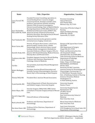  
	
   	
   	
   	
  	
  	
  	
  	
  	
  	
  	
  	
  	
  	
  	
   	
   	
   	
   	
   	
   	
   	
   	
   	
  	
  	
  	
  	
  	
  19	
  
	
   	
   CLIENT	
  X	
  -­‐	
  Whitespace	
  Ideation	
  Study:	
  	
  	
  	
  	
  	
  	
  
Mid	
  Term	
  Opportunities	
  Within	
  Wound	
  Care	
  -­‐	
  	
  	
  	
  Confidential	
  	
  	
  	
  	
  	
  
Name	
   Title	
  /	
  Expertise	
   Organization	
  /	
  Location	
  
Laura	
  Parnell,	
  MS,	
  
CWS	
  
Founded	
  Precision	
  Consulting;	
  specializes	
  in	
  
wound	
  healing	
  &	
  burn	
  research;	
  designs	
  
research	
  protocols,	
  develops	
  scientific	
  niche	
  
products;	
  international	
  clientele	
  including	
  
industry,	
  FDA,	
  &	
  research	
  investigators.	
  
Precision	
  Consulting	
  	
  	
  	
  	
  	
  	
  	
  	
  	
  	
  	
  	
  	
  	
  	
  	
  	
  	
  	
  	
  	
  	
  	
  	
  	
  	
  	
  	
  	
  	
  	
  	
  	
  	
  	
  	
  	
  	
  	
  	
  	
  	
  	
  	
  	
  	
  	
  	
  	
  	
  	
  	
  	
  	
  	
  	
  	
  	
  	
  	
  	
  
Clinical	
  Research	
  	
  	
  	
  	
  	
  	
  	
  	
  	
  	
  	
  	
  	
  	
  	
  	
  	
  	
  	
  	
  	
  	
  	
  	
  	
  	
  	
  	
  	
  	
  	
  	
  	
  	
  	
  	
  	
  	
  	
  	
  	
  	
  	
  	
  	
  	
  	
  	
  	
  	
  	
  	
  	
  	
  	
  	
  	
  	
  	
  	
  	
  	
  	
  	
  	
  	
  	
  	
  
6522	
  Harbor	
  Mist	
  	
  	
  	
  	
  	
  	
  	
  	
  	
  	
  	
  	
  	
  	
  	
  	
  	
  	
  	
  	
  	
  	
  	
  	
  	
  	
  	
  	
  	
  	
  	
  	
  	
  	
  	
  	
  	
  	
  	
  	
  	
  	
  	
  	
  	
  	
  	
  	
  	
  	
  	
  	
  	
  	
  	
  	
  	
  	
  	
  	
  	
  	
  	
  	
  	
  	
  	
  
Missouri	
  City,	
  TX	
  77459	
  
Joyce	
  Stechmiller,	
  
PhD,	
  ACNP-­‐BC,	
  FAAN	
  
Chronic	
  wound	
  healing;	
  Chair	
  of	
  Adult	
  &	
  Elderly	
  
Nursing	
  Department	
  (1998-­‐2002);	
  Director	
  of	
  
Biobehavioral	
  Research	
  Center	
  (NINR	
  P-­‐20);	
  
American	
  Society	
  of	
  Enteral	
  &	
  Parenteral	
  
Nutrition	
  (Secretary,	
  Nursing	
  Section)	
  &	
  Wound	
  
Healing	
  Society	
  Education	
  Cmte.	
  	
  
University	
  of	
  Florida	
  College	
  of	
  
Nursing	
  	
  	
  	
  	
  	
  	
  	
  	
  	
  	
  	
  	
  	
  	
  	
  	
  	
  	
  	
  	
  	
  	
  	
  	
  	
  	
  	
  	
  	
  	
  	
  	
  	
  	
  	
  	
  	
  	
  	
  	
  	
  	
  	
  	
  	
  	
  
Adult	
  and	
  Elderly	
  Nursing	
  	
  	
  	
  	
  	
  	
  	
  	
  	
  	
  	
  	
  	
  	
  	
  	
  	
  	
  	
  	
  	
  	
  	
  	
  	
  	
  	
  	
  	
  	
  	
  	
  	
  	
  	
  	
  	
  	
  	
  	
  	
  	
  	
  	
  	
  	
  	
  	
  	
  	
  	
  
HPNO	
  Box	
  100187	
  	
  	
  	
  	
  	
  	
  	
  	
  	
  	
  	
  	
  	
  	
  	
  	
  	
  	
  	
  	
  	
  	
  	
  	
  	
  	
  	
  	
  	
  	
  	
  	
  	
  	
  	
  	
  	
  	
  	
  	
  	
  	
  	
  	
  	
  	
  	
  	
  	
  	
  	
  	
  	
  	
  	
  	
  	
  	
  	
  	
  	
  	
  	
  	
  	
  
Gainesville,	
  FL	
  32610	
  
Paul	
  Takahashi,	
  MD	
  
Research	
  interests	
  involve	
  geriatrics	
  and	
  the	
  
normal	
  process	
  of	
  aging;	
  wound	
  care.	
  
	
  	
  
Bruce	
  Cairns,	
  MD	
  
Director,	
  NC	
  Jaycee	
  Burn	
  Center;	
  critical	
  care,	
  
general	
  surgery,	
  trauma,	
  burns,	
  cellular	
  
immunology,	
  shock,	
  electrical	
  injury,	
  wound	
  
healing,	
  disaster	
  management,	
  telemedicine.	
  
Division	
  of	
  NC	
  Jaycee	
  Burn	
  Center	
  	
  	
  	
  	
  	
  	
  	
  	
  	
  	
  	
  	
  	
  	
  	
  	
  	
  	
  	
  	
  	
  	
  	
  	
  	
  	
  	
  	
  	
  	
  	
  	
  	
  	
  	
  	
  
CB	
  #7600	
  	
  	
  	
  	
  	
  	
  	
  	
  	
  	
  	
  	
  	
  	
  	
  	
  	
  	
  	
  	
  	
  	
  	
  	
  	
  	
  	
  	
  	
  	
  	
  	
  	
  	
  	
  	
  	
  	
  	
  	
  	
  	
  	
  	
  	
  	
  	
  	
  	
  	
  	
  	
  	
  	
  	
  	
  	
  	
  	
  	
  	
  	
  	
  	
  	
  	
  	
  	
  	
  	
  	
  	
  	
  	
  	
  	
  	
  	
  	
  	
  	
  	
  
UNC	
  Department	
  of	
  Surgery	
  	
  	
  	
  	
  	
  	
  	
  	
  	
  	
  	
  	
  	
  	
  	
  	
  	
  	
  	
  	
  	
  	
  	
  	
  	
  	
  	
  	
  	
  	
  	
  	
  	
  	
  	
  	
  	
  	
  	
  	
  	
  	
  	
  	
  	
  	
  	
  
Chapel	
  Hill,	
  NC	
  27599	
  
David	
  B.	
  Drake,	
  M.D.	
  
Associate	
  Professor	
  of	
  Plastic	
  Surgery,	
  UVA;	
  Co-­‐
director	
  UVA	
  Hand	
  Fellowship;	
  Medical	
  Director,	
  
DeCamp	
  Burn	
  and	
  Wound	
  Center.	
  
Plastic	
  and	
  Reconstructive-­‐Uva	
  
101	
  Hospital	
  Dr	
  #4621	
  
Charlottesville,	
  VA	
  22908-­‐0001	
  
Toshiharu	
  Ishii,	
  MD,	
  
PhD	
  
President,	
  Japanese	
  Society	
  for	
  Wound	
  Healing	
  
Professor	
  and	
  Chairman,	
  Department	
  of	
  
Pathology,	
  School	
  of	
  Medicine.	
  
Toho	
  University	
  School	
  of	
  Medicine	
  
Department	
  of	
  Pathology	
  
5-­‐21-­‐16	
  Omori-­‐nishi	
  
Otaku,	
  Tokyo	
  143-­‐8540,	
  Japan	
  	
  	
  	
  	
  	
  	
  	
  	
  	
  	
  	
  	
  	
  	
  	
  	
  	
  	
  	
  	
  	
  	
  	
  	
  	
  	
  	
  	
  	
  	
  	
  	
  	
  	
  	
  	
  	
  	
  	
  	
  	
  	
  
Tal	
  Ellis	
  
Vice	
  president,	
  Australian	
  Wound	
  Management	
  
Association.	
  
WOUNDHEAL	
  AUSTRALIA	
  
PO	
  Box	
  3454	
  
Norwood,	
  SA	
  5067,	
  Australia	
  
Robert	
  Mullegger,	
  
MD	
  
President,	
  Austrian	
  Wound	
  Association	
  and	
  
Scientific	
  Society	
  of	
  Dermatologists,	
  Executive	
  
Board,	
  Dep’t	
  of	
  Dermatology	
  at	
  State	
  Hospital.	
  
Austrian	
  Society	
  for	
  Dermatology	
  and	
  
Venereologie,	
  Corvinusring	
  3-­‐5	
  
A	
  2700	
  Wiener	
  Neustadt,	
  Austria	
  
Thomas	
  Wild,	
  MD	
   President	
  Elect,	
  Austrian	
  Wound	
  Association.	
  
Univ.	
  of	
  Salzburg,	
  Institute	
  of	
  Nursing	
  
Sciences,	
  Paracelsus	
  Medical	
  
Strubergasse	
  21,	
  	
  
A-­‐5020	
  Salzburg,	
  Austria	
  
Frank	
  Duteille,	
  MD	
  
Head	
  of	
  Department	
  of	
  Plastic	
  Reconstructive	
  
and	
  Esthetic	
  Surgery,	
  University	
  Hospital.	
  
University	
  Hospital	
  	
  
Nantes,	
  France	
  
Dieter	
  Mayer,	
  MD	
  
Vascular	
  Surgeon,	
  EBSQ-­‐VASC,	
  FMH;	
  Senior	
  
Consultant	
  of	
  Vascular	
  Surgery	
  &	
  Head	
  of	
  Wound	
  
Care.	
  
University	
  Hospital	
  Zurich	
  
Raemistrasse	
  100	
  
CH-­‐8091	
  Zurich	
  
Switzerland	
  
Darrell	
  S.	
  Rigel,	
  MD,	
  
MS	
  	
  
Clinical	
  Professor	
  of	
  Dermatology	
  
New	
  York	
  University	
  School	
  of	
  
Medicine	
  
New	
  York,	
  New	
  York	
  
Mark	
  Lebwohl,	
  MD	
  
Professor	
  and	
  Chairman,	
  Department	
  of	
  
Dermatology.	
  
Mount	
  Sinai	
  School	
  of	
  Medicine	
  
New	
  York,	
  New	
  York	
  
Dee	
  Anna	
  Glaser,	
  MD	
  
Professor	
  &	
  Vice	
  Chairman,	
  Department	
  of	
  
Dermatology.	
  
Saint	
  Louis	
  University	
  	
  
2325	
  Dougherty	
  Ferry	
  Road,	
  Suite	
  102	
  	
  
Department	
  of	
  Dermatology	
  	
  
 