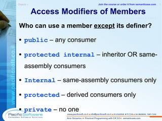 Access Modifiers of Members Who can use a member  except  its definer? public  – any consumer protected internal  – inheritor OR same- assembly consumers Internal  – same-assembly consumers only protected  – derived consumers only private  – no one Objects »  1 -------------------------------------------------------- Join the course or order it from   semanticase.com 