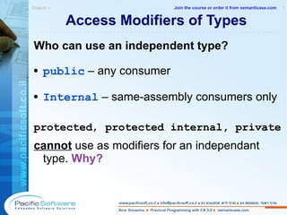 Access Modifiers of Types Who can use an independent type? public  – any consumer Internal  – same-assembly consumers only protected ,  protected internal,  private   cannot  use as modifiers  for an independant type.  Why? Objects »  1 -------------------------------------------------------- Join the course or order it from   semanticase.com 