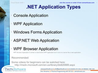 .NET Application Types Console Application WPF Application Windows Forms Application ASP.NET Web Application WPF Browser Application WPF Browser Application is similar to stand-alone WPF application but it runs on a server like a web application. Recommended:  Some videos for beginners can be watched here:  http://msdn.microsoft.com/en-us/library/bb820889.aspx Visual Studio 2008 »  1 -------------------------------------------------------- Join the course or order it from   semanticase.com 