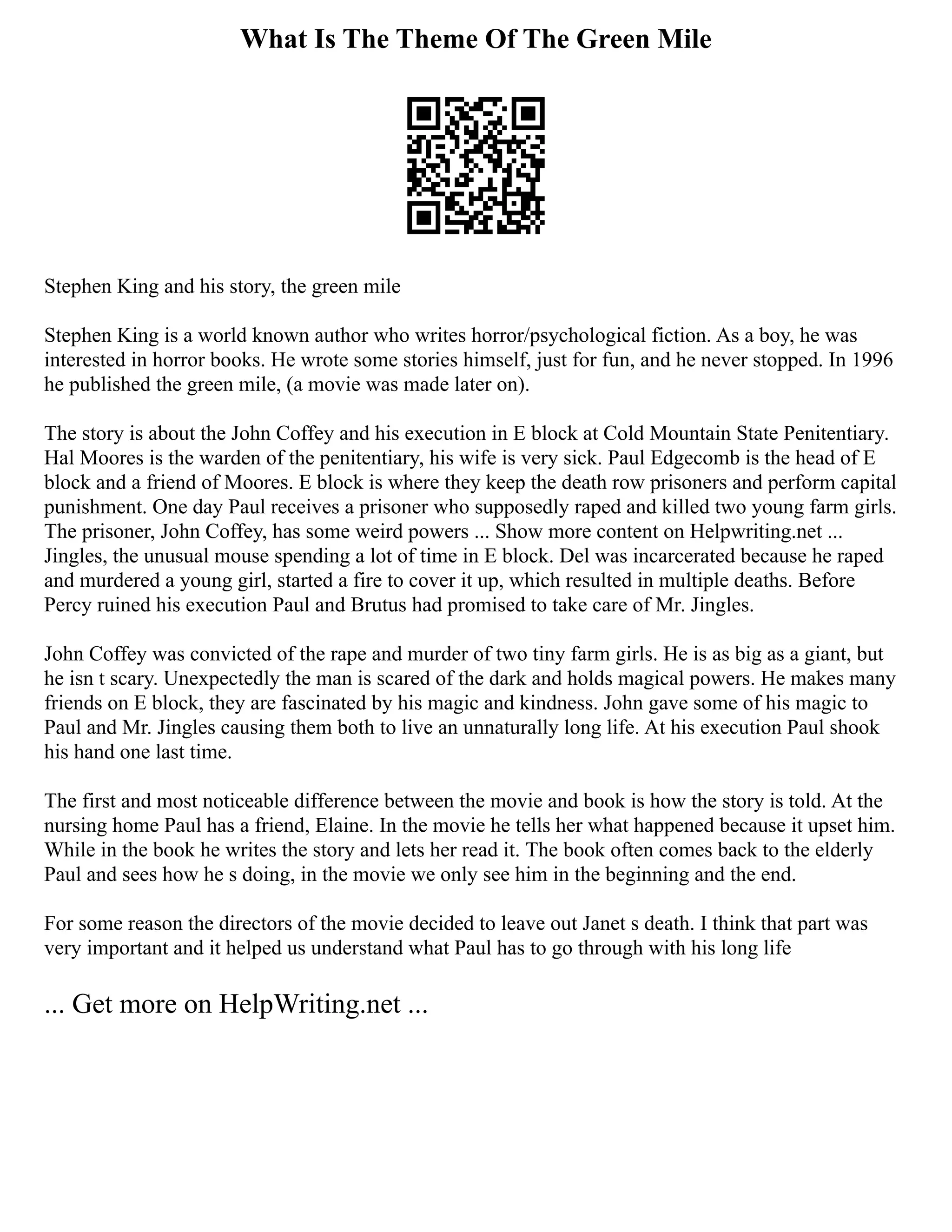 What Is The Theme Of The Green Mile
Stephen King and his story, the green mile
Stephen King is a world known author who writes horror/psychological fiction. As a boy, he was
interested in horror books. He wrote some stories himself, just for fun, and he never stopped. In 1996
he published the green mile, (a movie was made later on).
The story is about the John Coffey and his execution in E block at Cold Mountain State Penitentiary.
Hal Moores is the warden of the penitentiary, his wife is very sick. Paul Edgecomb is the head of E
block and a friend of Moores. E block is where they keep the death row prisoners and perform capital
punishment. One day Paul receives a prisoner who supposedly raped and killed two young farm girls.
The prisoner, John Coffey, has some weird powers ... Show more content on Helpwriting.net ...
Jingles, the unusual mouse spending a lot of time in E block. Del was incarcerated because he raped
and murdered a young girl, started a fire to cover it up, which resulted in multiple deaths. Before
Percy ruined his execution Paul and Brutus had promised to take care of Mr. Jingles.
John Coffey was convicted of the rape and murder of two tiny farm girls. He is as big as a giant, but
he isn t scary. Unexpectedly the man is scared of the dark and holds magical powers. He makes many
friends on E block, they are fascinated by his magic and kindness. John gave some of his magic to
Paul and Mr. Jingles causing them both to live an unnaturally long life. At his execution Paul shook
his hand one last time.
The first and most noticeable difference between the movie and book is how the story is told. At the
nursing home Paul has a friend, Elaine. In the movie he tells her what happened because it upset him.
While in the book he writes the story and lets her read it. The book often comes back to the elderly
Paul and sees how he s doing, in the movie we only see him in the beginning and the end.
For some reason the directors of the movie decided to leave out Janet s death. I think that part was
very important and it helped us understand what Paul has to go through with his long life
... Get more on HelpWriting.net ...
 