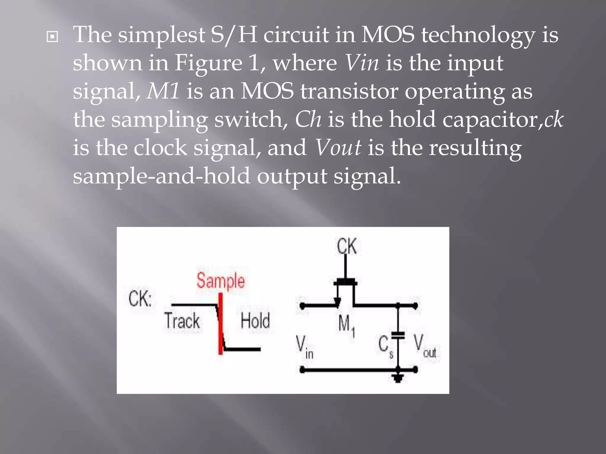    The simplest S/H circuit in MOS technology is
    shown in Figure 1, where Vin is the input
    signal, M1 is an MOS transistor operating as
    the sampling switch, Ch is the hold capacitor,ck
    is the clock signal, and Vout is the resulting
    sample-and-hold output signal.
 