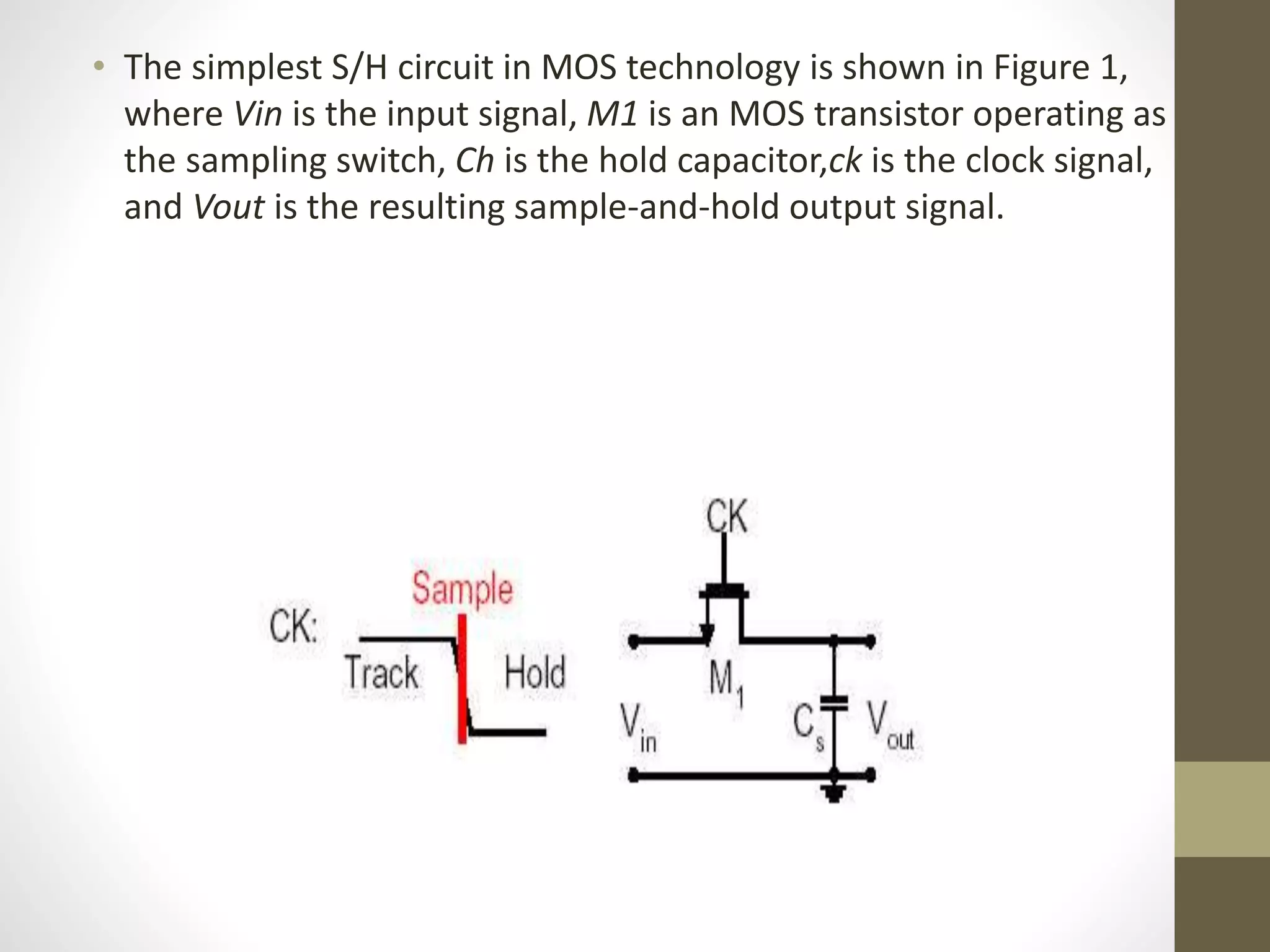 • The simplest S/H circuit in MOS technology is shown in Figure 1,
where Vin is the input signal, M1 is an MOS transistor operating as
the sampling switch, Ch is the hold capacitor,ck is the clock signal,
and Vout is the resulting sample-and-hold output signal.
 