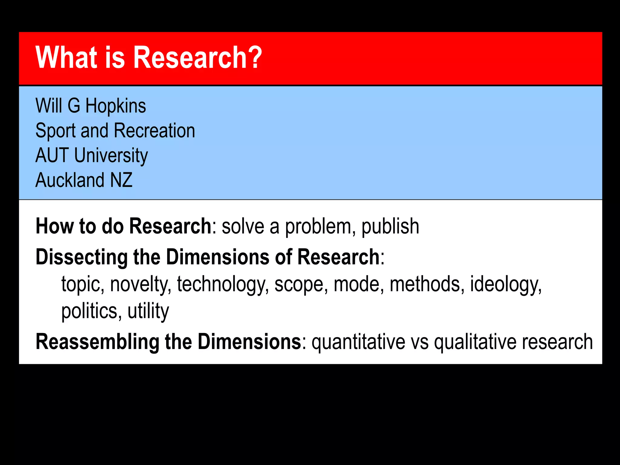 Will G Hopkins
Sport and Recreation
AUT University
Auckland NZ
What is Research?
How to do Research: solve a problem, publish
Dissecting the Dimensions of Research:
topic, novelty, technology, scope, mode, methods, ideology,
politics, utility
Reassembling the Dimensions: quantitative vs qualitative research
 