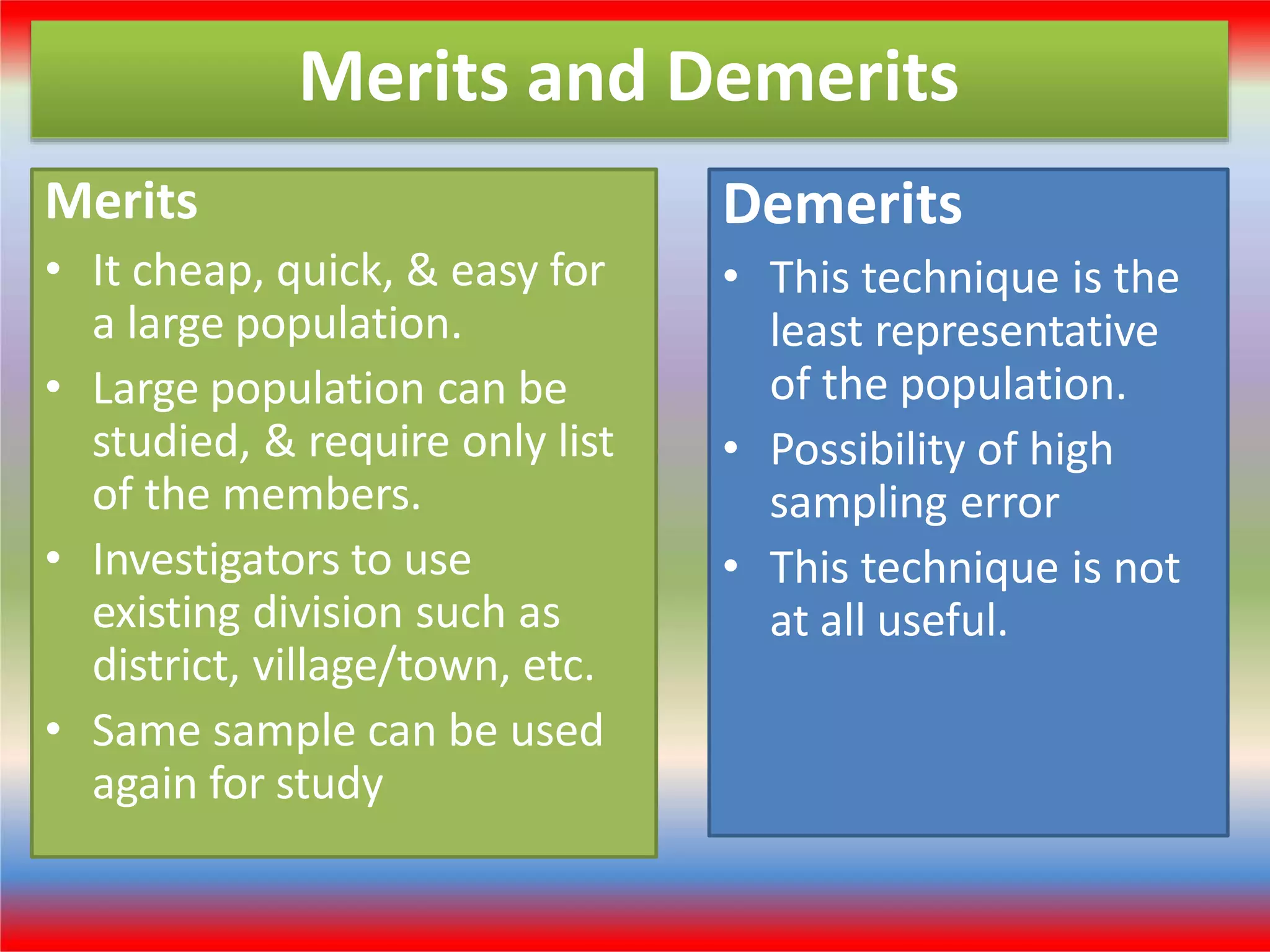 Merits and Demerits
Merits
• It cheap, quick, & easy for
a large population.
• Large population can be
studied, & require only list
of the members.
• Investigators to use
existing division such as
district, village/town, etc.
• Same sample can be used
again for study
Demerits
• This technique is the
least representative
of the population.
• Possibility of high
sampling error
• This technique is not
at all useful.
 