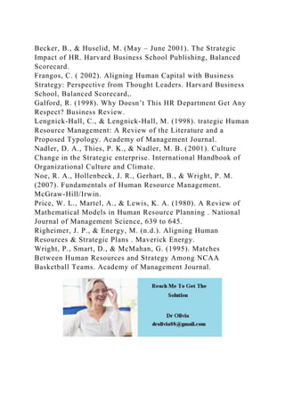 Becker, B., & Huselid, M. (May – June 2001). The Strategic
Impact of HR. Harvard Business School Publishing, Balanced
Scorecard.
Frangos, C. ( 2002). Aligning Human Capital with Business
Strategy: Perspective from Thought Leaders. Harvard Business
School, Balanced Scorecard,.
Galford, R. (1998). Why Doesn’t This HR Department Get Any
Respect? Business Review.
Lengnick-Hall, C., & Lengnick-Hall, M. (1998). trategic Human
Resource Management: A Review of the Literature and a
Proposed Typology. Academy of Management Journal.
Nadler, D. A., Thies, P. K., & Nadler, M. B. (2001). Culture
Change in the Strategic enterprise. International Handbook of
Organizational Culture and Climate.
Noe, R. A., Hollenbeck, J. R., Gerhart, B., & Wright, P. M.
(2007). Fundamentals of Human Resource Management.
McGraw-Hill/Irwin.
Price, W. L., Martel, A., & Lewis, K. A. (1980). A Review of
Mathematical Models in Human Resource Planning . National
Journal of Management Science, 639 to 645.
Righeimer, J. P., & Energy, M. (n.d.). Aligning Human
Resources & Strategic Plans . Maverick Energy.
Wright, P., Smart, D., & McMahan, G. (1995). Matches
Between Human Resources and Strategy Among NCAA
Basketball Teams. Academy of Management Journal.
 