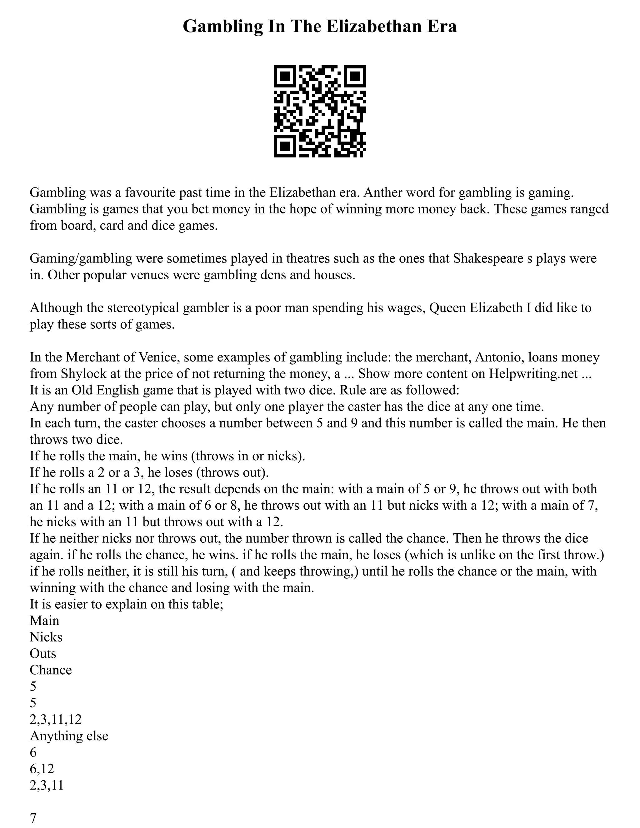 Gambling In The Elizabethan Era
Gambling was a favourite past time in the Elizabethan era. Anther word for gambling is gaming.
Gambling is games that you bet money in the hope of winning more money back. These games ranged
from board, card and dice games.
Gaming/gambling were sometimes played in theatres such as the ones that Shakespeare s plays were
in. Other popular venues were gambling dens and houses.
Although the stereotypical gambler is a poor man spending his wages, Queen Elizabeth I did like to
play these sorts of games.
In the Merchant of Venice, some examples of gambling include: the merchant, Antonio, loans money
from Shylock at the price of not returning the money, a ... Show more content on Helpwriting.net ...
It is an Old English game that is played with two dice. Rule are as followed:
Any number of people can play, but only one player the caster has the dice at any one time.
In each turn, the caster chooses a number between 5 and 9 and this number is called the main. He then
throws two dice.
If he rolls the main, he wins (throws in or nicks).
If he rolls a 2 or a 3, he loses (throws out).
If he rolls an 11 or 12, the result depends on the main: with a main of 5 or 9, he throws out with both
an 11 and a 12; with a main of 6 or 8, he throws out with an 11 but nicks with a 12; with a main of 7,
he nicks with an 11 but throws out with a 12.
If he neither nicks nor throws out, the number thrown is called the chance. Then he throws the dice
again. if he rolls the chance, he wins. if he rolls the main, he loses (which is unlike on the first throw.)
if he rolls neither, it is still his turn, ( and keeps throwing,) until he rolls the chance or the main, with
winning with the chance and losing with the main.
It is easier to explain on this table;
Main
Nicks
Outs
Chance
5
5
2,3,11,12
Anything else
6
6,12
2,3,11
7
 