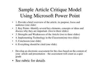 Sample Article Critique Model Using Microsoft Power Point