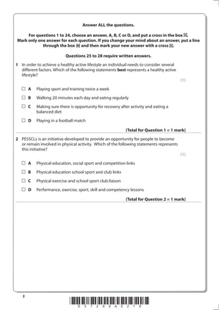 Practice Pe Questions Example GCSE PE - Sample Assessment Questions | PDF