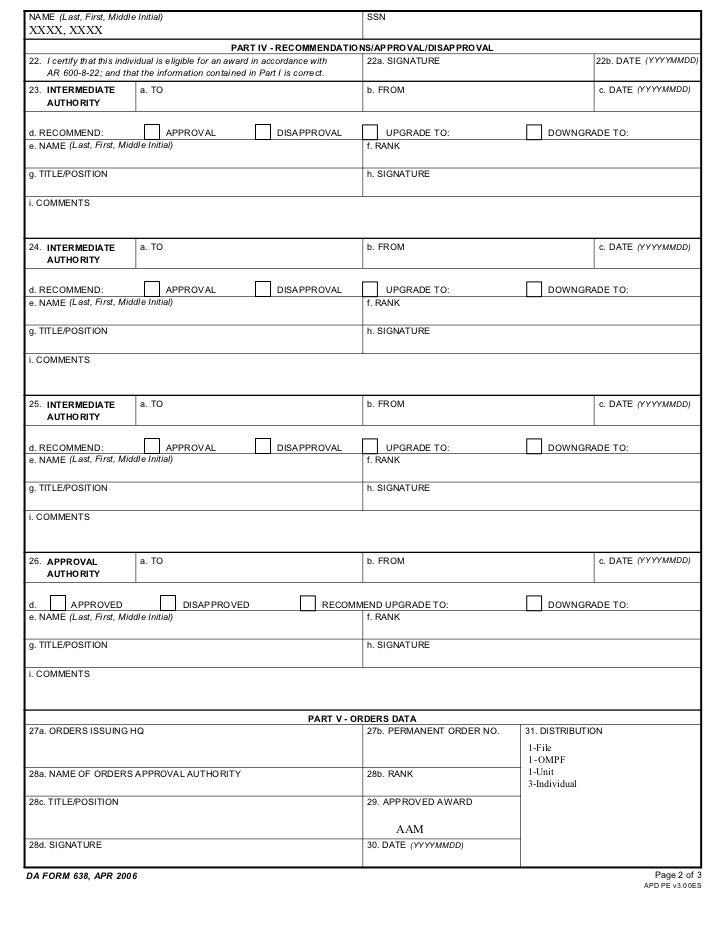 sample award recommendation da form 638 dd form 368 fillable