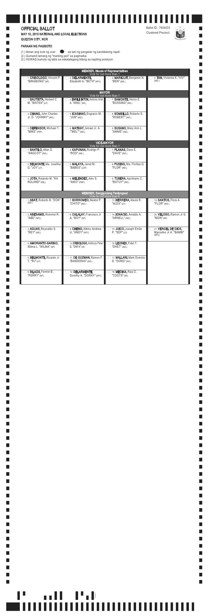 Sample Ballot Local Quezon City 1 St Legislative District 1