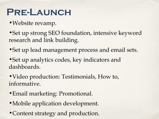 Pre-Launch
•Website revamp.
•Set up strong SEO foundation, intensive keyword
research and link building.
•Set up lead management process and email sets.
•Set up analytics codes, key indicators and
dashboards.
•Video production: Testimonials, How to,
informative.
•Email marketing: Promotional.
•Mobile application development.
•Content strategy and production.
 