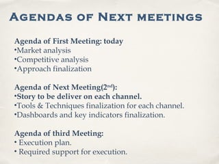 Agendas of Next meetings
Agenda of First Meeting: today
•Market analysis
•Competitive analysis
•Approach finalization
Agenda of Next Meeting(2nd
):
•Story to be deliver on each channel.
•Tools & Techniques finalization for each channel.
•Dashboards and key indicators finalization.
Agenda of third Meeting:
• Execution plan.
• Required support for execution.
 