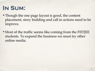 0101
In Sum:
•Though the one page layout is good, the content
placement, story building and call to actions need to be
imp...