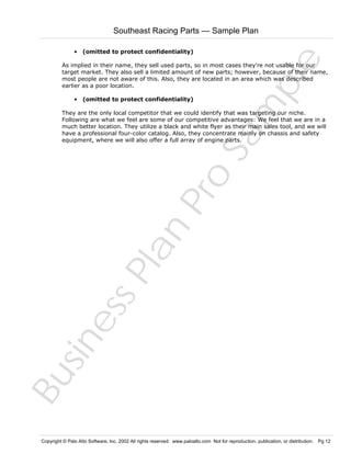 Southeast Racing Parts — Sample Plan

Sa
m
pl
e

• (omitted to protect confidentiality)
As implied in their name, they sell used parts, so in most cases they're not usable for our
target market. They also sell a limited amount of new parts; however, because of their name,
most people are not aware of this. Also, they are located in an area which was described
earlier as a poor location.
• (omitted to protect confidentiality)

Bu
sin
es
sP
la
n

Pr
o

They are the only local competitor that we could identify that was targeting our niche.
Following are what we feel are some of our competitive advantages: We feel that we are in a
much better location. They utilize a black and white flyer as their main sales tool, and we will
have a professional four-color catalog. Also, they concentrate mainly on chassis and safety
equipment, where we will also offer a full array of engine parts.

Copyright © Palo Alto Software, Inc. 2002 All rights reserved. www.paloalto.com Not for reproduction, publication, or distribution. Pg 12

 