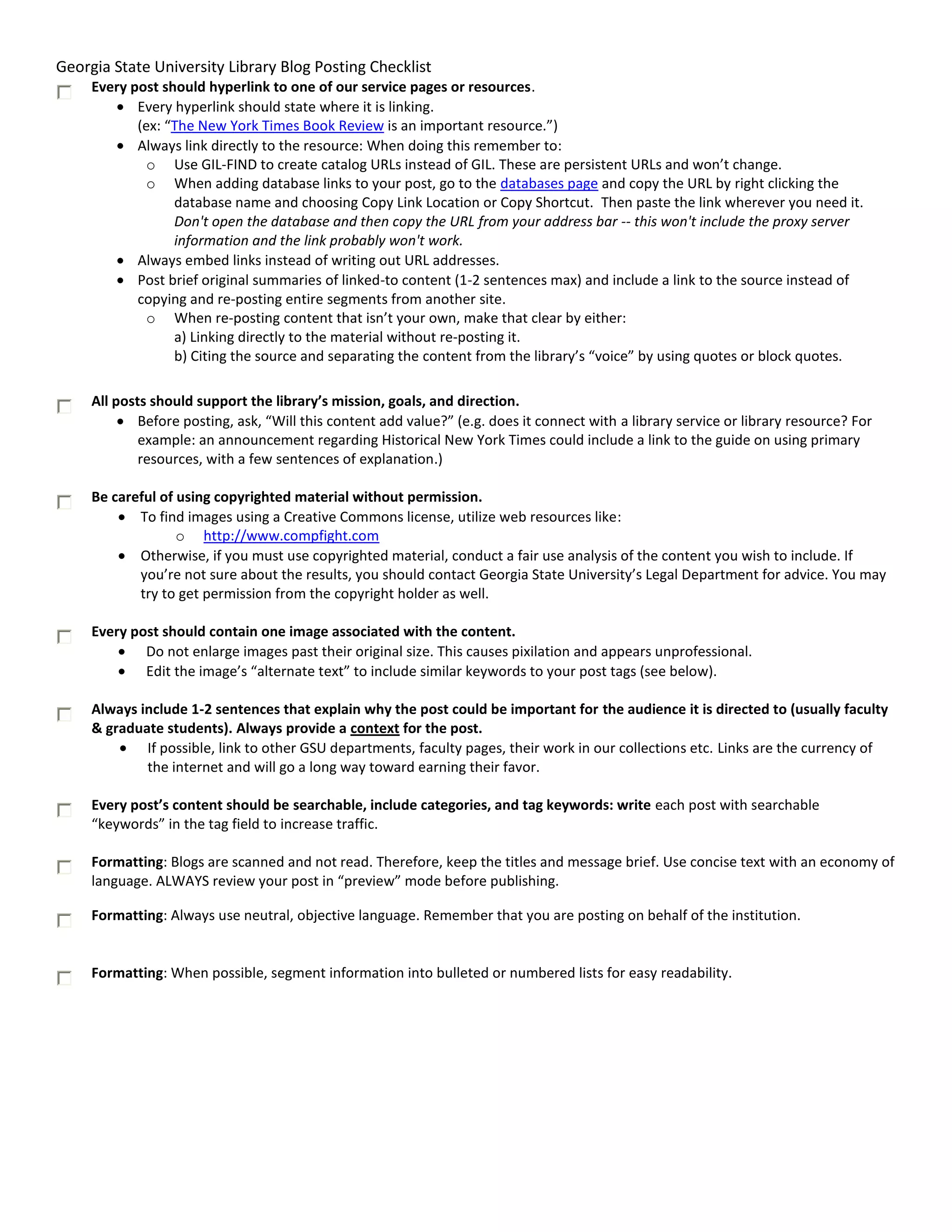 Sample blog posting checklist for week 2 | PDF