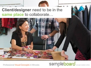 Client/designer need to be in the
same place to collaborate…




Professional Visual Concepts in Minutes   concept creation online
 