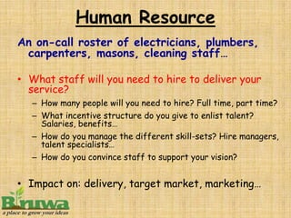Human Resource
An on-call roster of electricians, plumbers,
 carpenters, masons, cleaning staff…

• What staff will you need to hire to deliver your
  service?
  – How many people will you need to hire? Full time, part time?
  – What incentive structure do you give to enlist talent?
    Salaries, benefits…
  – How do you manage the different skill-sets? Hire managers,
    talent specialists…
  – How do you convince staff to support your vision?


• Impact on: delivery, target market, marketing…
 