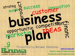 Presented by Biruwa Ventures       www.biruwa.net
                       twitter.com/biruwaventures
                     facebook.com/biruwaventures
 