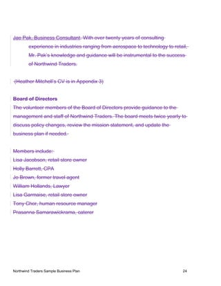 Jae Pak, Business Consultant. With over twenty years of consulting
experience in industries ranging from aerospace to technology to retail,
Mr. Pak’s knowledge and guidance will be instrumental to the success
of Northwind Traders.
(Heather Mitchell’s CV is in Appendix 3)
Board of Directors
The volunteer members of the Board of Directors provide guidance to the
management and staff of Northwind Traders. The board meets twice yearly to
discuss policy changes, review the mission statement, and update the
business plan if needed.
Members include:
Lisa Jacobson, retail store owner
Holly Barrett, CPA
Jo Brown, former travel agent
William Hollands, Lawyer
Lisa Garmaise, retail store owner
Tony Chor, human resource manager
Prasanna Samarawickrama, caterer
Northwind Traders Sample Business Plan 24
 